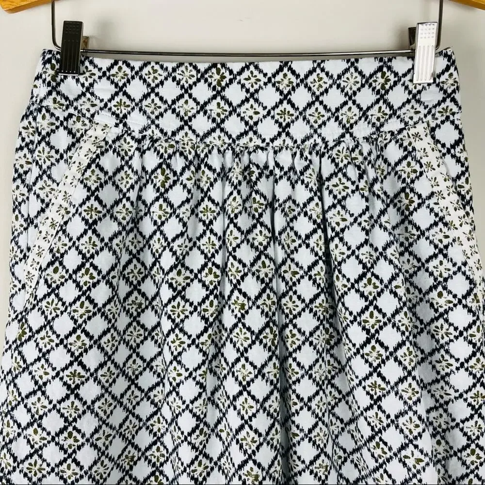 Loft blue cream gold linen boho geometric knee length skirt 2